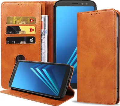 Zdjęcie produktu dla Skórzane etui Smartphonica Samsung Galaxy A8 2018 z magnetycznym zamknięciem i kieszonkami na karty - brązowe