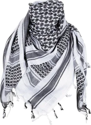 A black and white patterned scarf is displayed against a white background.