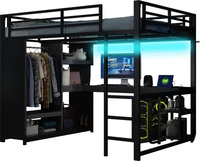 Produktbild von Hochbett mit Schreibtisch, LED-Streifen, Lattenrost, Kleiderschrank, Regal, Leiter, 140x200cm, Metallbett, Kinderbett, Jugendbett