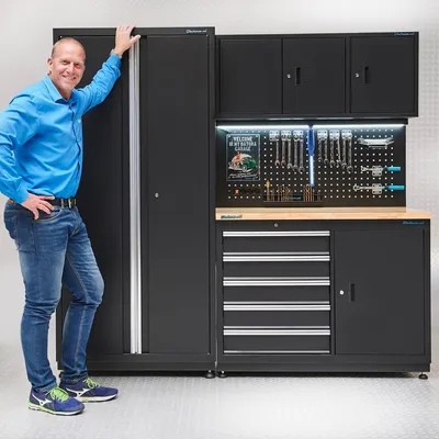 Produktbild von Werkbank 120 cm mit breitem Seitenschrank