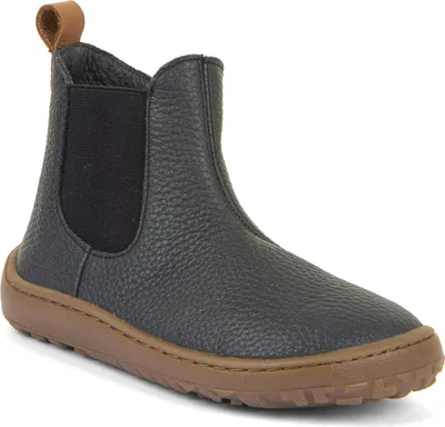 A single black Chelsea boot with a brown sole, shown from a side-diagonal angle against a white background.