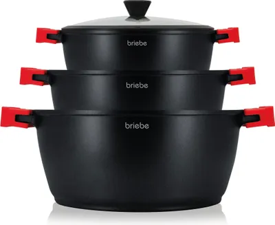Produktbild von Briebe BLACKT3 Kochtopf Set Induktions 6-Teilig Aluminiumguss 3 Kochtöpfen 3 Glasdeckel Schwarz