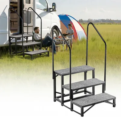 Immagine prodotto di Scala di accesso per camper - Scala esterna a 3 gradini - Due corrimano - Portata 300 kg - Gradini antiscivolo - Per anziani e animali domestici - Per camper, roulotte e verande