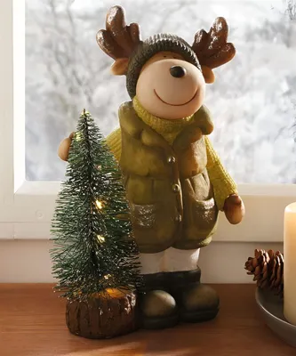 Produktbild von Dekofigur "Elch mit Tanne" mit LED Beleuchtung, Polyresin, 25 cm hoch, Weihnachtsdeko, Leuchtdeko, Winterdeko