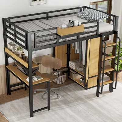 Produktbild von Merax Eisen-Hochbett 90x200cm mit Doppeltür-Kleiderschrank, Treppe mit Handläufen, Etagenbett mit Schreibtisch&Regal, Ablagefächer, Lattenrost,Schwarz
