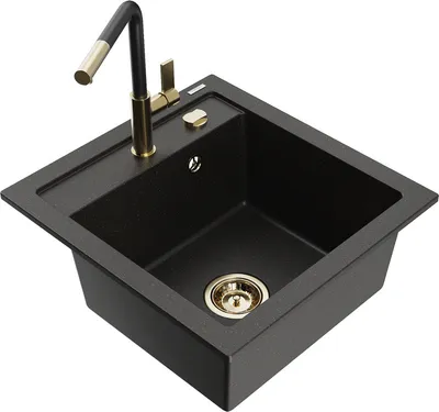 Produktbild von Mexen Vito 1-Becken-Granit-Spüle mit Mischbatterie Flora, Schwarz/Gold metallisch - 6503-75-670401-57-G
