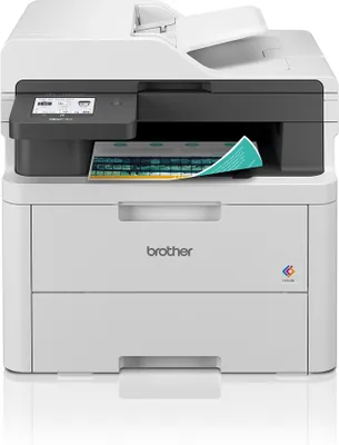 A white Brother multifunction printer with a paper output tray and a document feeder.
