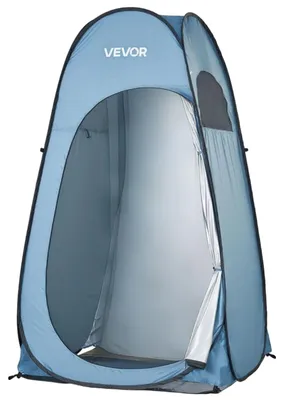 Image de Tente de douche VEVOR (119 x 119 x 210 cm) Tente de toilettes pop-up à montage instantané, tente vestiaire avec piquets, cordes et sac de transport inclus, en polyester 190T, idéale pour le camping, la plage et la pêche, bleue