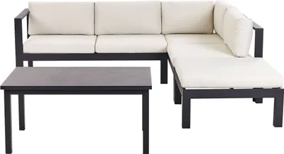 Produktbild von BELIANI Lounge Set Schwarz Aluminium mit Auflagen Cremeweiß Stoff Skandi Modern 5-Sitzer Ecksofa Ottomane und 1 Couchtisch Terrasse Garten Möbel