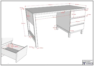 Image de VIPACK - Bureau en stratifié (type EVA) avec 3 tiroirs (fermeture douce), laqué blanc