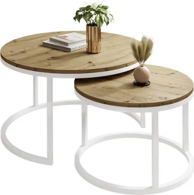 Produktbild von Runder Couchtisch 2in1 CIRI 80 cm ud 60 cm Weiß / Artisan Eiche
