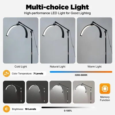 Produktbild von Halbmond LED Stehleuchte - Farbtemperatur 3200–5600K einstellbar - Dimmbar 0–100 % - 40 W - Fernbedienung 10 m - Handyhalter für Kosmetikstudio - Schwarz