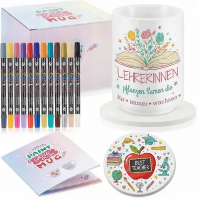 Produktbild von Keramik Tasse Bemalen Set mit Untersetzer und 12 Porzellanstiften (24 Farben)