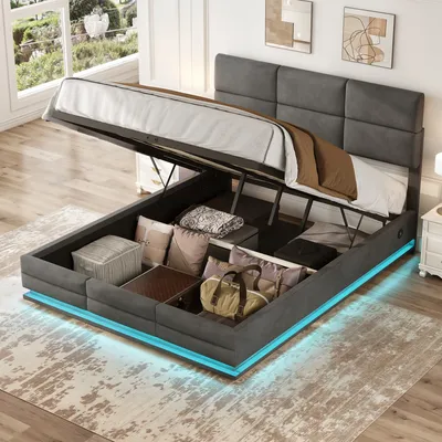 Obrázek produktu pro LVHOM Čalouněná postel 140x200 cm s LED a USB, manželská postel s hydraulickým systémem, úložná postel sametová látka, pevný rám postele, postel s pružinami, šedá barva