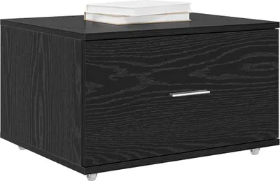 A black filing cabinet with a drawer and a silver handle sits on a white background. Two books are stacked on top of the cabinet.