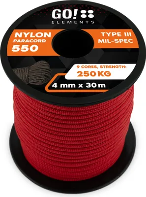 Produktbild von GO!elements 30m Paracord Seil aus reißfester Nylonschnur - 4mm Paracord 550 Typ III Schnur - geeignet als Allzweckseil & Reepschnur - Max. 250kg, Farbe: Rot