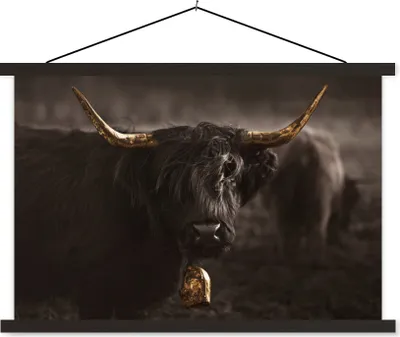 Produktbild von MuchoWow® Textilposter Scottish Hochlandrind - Tier - Schwarz und weiß 120x80 cm mit schwarzem Rahmen - Wanddeko