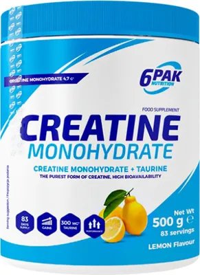 A product shot of a tub of creatine monohydrate powder with lemon flavor.