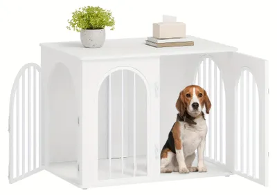 Produktbild von Hundebett als Möbelstück, 80 cm, Hundekiste mit 3 Türen, modernes Interieurmöbel, weiß und hellbeere