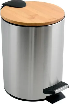 Obrázek produktu pro Kosmetický koš Spirella 3 l nerezový bambusový s mechanismem Soft-close a vnitřním košem Adonis Koupelnový odpadkový koš Softclose stříbrný