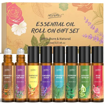 Obrázok produktu pre Sada esenciálnych olejov 8x10 ml – aromaterapeutické oleje – levanduľa/mäta pieporná/citrónová tráva/muškátový oriešok/bergamot – prenosná – relaxačný darček – prírodné rastlinné extrakty