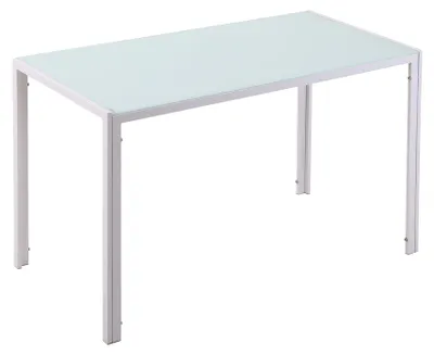 Immagine prodotto di Tavolo da pranzo moderno e ampio, di colore bianco, con piano in vetro. Dimensioni: 120x60x75 cm