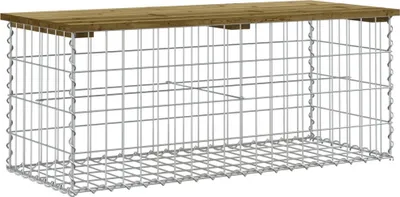 A gabion bench with a wooden top on a white background.