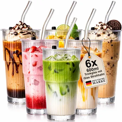 Produktbild von 6 Trinkgläser + Deckel + Strohhalm Mehrweg Trinkbecher Becher Gläser Set 600ml