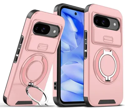 Produktbild von Schutzhülle für Google Pixel 9/9 Pro mit Kameraschutz, Magnetring Ständer, Militärschutz, Rosa