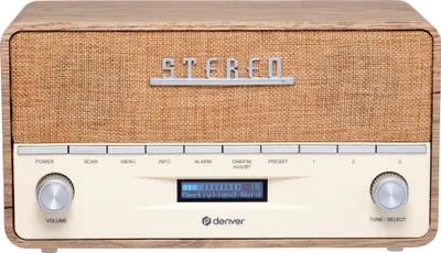 A retro-style digital radio with a wood-grain finish and fabric speaker grille.