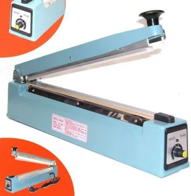 A light blue impulse sealer machine is shown with its lid open, displaying the sealing bar. There are inset images showing the machine from different angles and close-ups of its controls. The background is primarily white with an orange circular overlay in