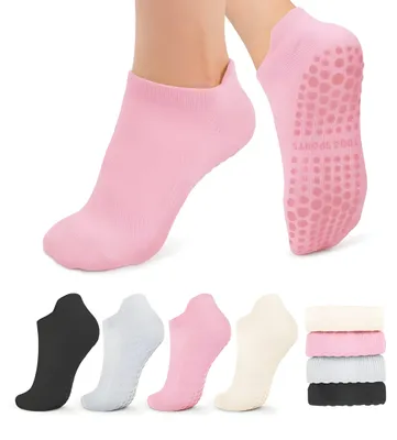 Productafbeelding van Pilates Sokken Antislip Dames - Yoga Sokken - Gripsokken voor Yoga / Pilates / Ballet - One Size - Set van 4 - Zwart, Grijs, Roze, Wit