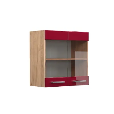 Image de Vicco Armoire de cuisine en verre R-Line, 60 cm, rouge bordeaux brillant/chêne doré