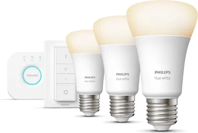 Produktbild von Philips Hue White Starter-Set: 3 smarte Lampen E27 (800) + Dimmschalter, Set für intelligente Beleuchtung, Bluetooth/Zigbee, Weiß, 0 - 12 m, LED, E27