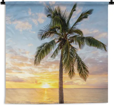 Produktbild von MuchoWow® Wandteppich Wandbehang Strand - Palme - Sonnenuntergang 120x120 cm Tapisserie Dekoration Wandtuch - Modern - Baumwollgewebe
