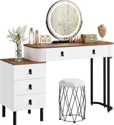 Produktbild von Schminktisch mit Samthocker, LED-Spiegel und Beistellkommode | Orangebraune Holzoptik | 100x40x126cm