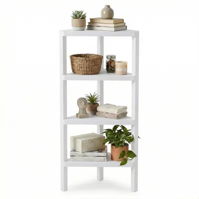 Produktbild von KOMFOTTEU Eckregal mit 4 Ebenen, Traglast 32 kg, Eckmöbel, Kunststoff mit Regalen, ideal für Badezimmer, Küche, Wohnzimmer, Schlafzimmer, Büro, 46 x 33 x 99 cm (weiß)