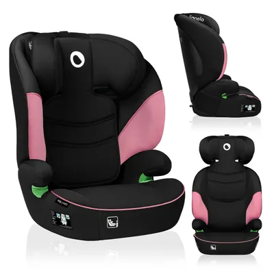 A collage of a black and pink car seat from different angles.