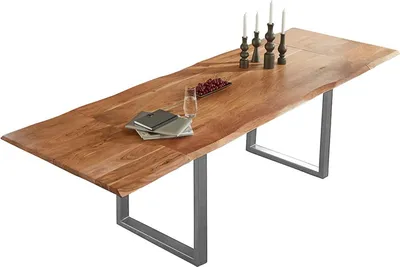 Produktbild von Esstisch Baumkante Akazie natur 180(280)x90 Ansteckplatten silber ADINA