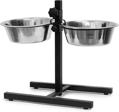 Produktbild von Famanu Hundenapf auf Standfuß - höhenverstellbar - rutschfest - doppelt - je 2,2 Liter - HBD 42x53x26 cm - silber