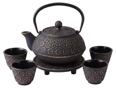 Image de Théière en fonte avec filtre, tasses et soucoupes HANU, 1 litre, noire