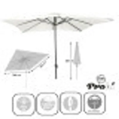 A white square patio umbrella with a diagram and icons.