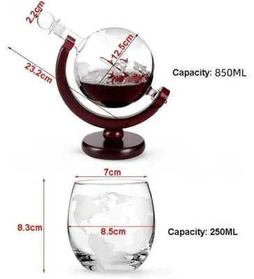 Image de Carafe à whisky en forme de globe terrestre avec socle – Coffret cadeau comprenant 2 verres à whisky – Idéale pour le whisky, le bourbon, la vodka et le tequila