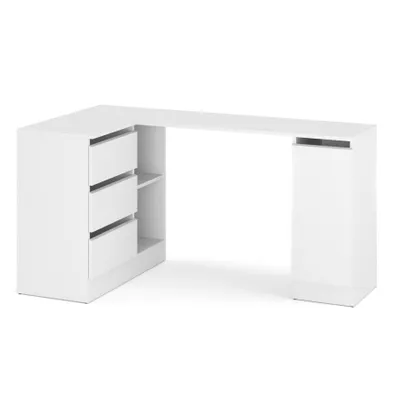 Produktbild von ULWEHOME Eck-Schreibtisch ohne Griffe, mattweiß, universell einsetzbar (links/rechts), mit Schubladen und großem Unterschrank, 155 x 85 cm