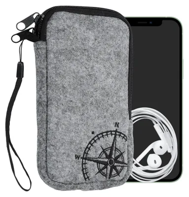 Produktbild von kwmobile Handytasche für Smartphones L - 6,5" - Handy Filztasche - Kompass Vintage Schwarz Hellgrau - 16,5 x 8,9 cm Innenmaße