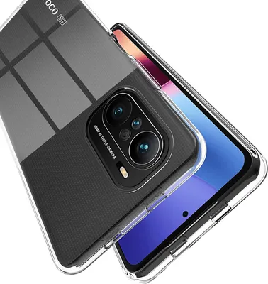 A close-up, angled shot of a transparent phone case on a white background, showing the back of a smartphone with its camera array.