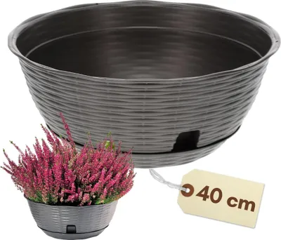 Produktbild von Pflanzschale Rund mit Untersetzer Blumenschale Kunststoff Pflanzschale für draußen Grabschale Rattan Blumentopf Schale Pflanzgefäß Anthrazit Bonsai Schale 40 cm