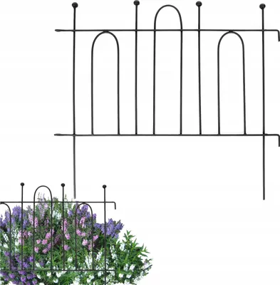 A black metal garden fence border is shown, with a separate image below showing the fence installed around flowers.