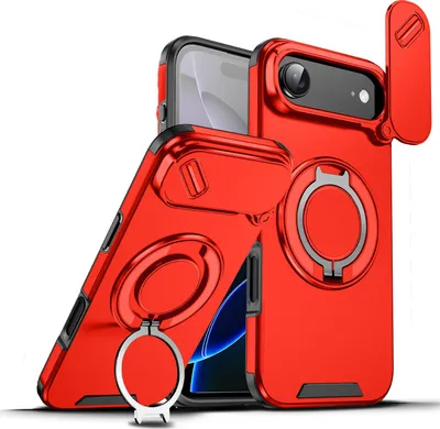 Produktbild von Handyhülle für iPhone Air Dual-Layer Stoßfest Militär Hülle mit Dia Kameraschutz und Magnetisch Ring Ständer Rot