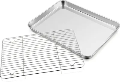 Obrázek produktu pro Pečicí plech s chladicí mřížkou, nerezová ocel, velký plech do trouby, sada plechu a mřížky na koláč, 31 x 24 x 2,5 cm, obdélníková forma na pečení a chladicí mřížka na pečení/pečení/chlazení, vhodné do myčky nádobí